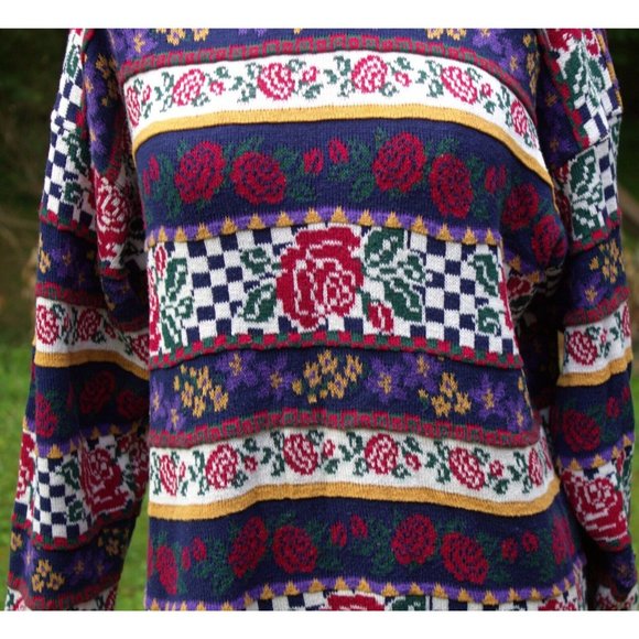 Vintage 80s Heartworks Sweater Striped Roses Checkered Long Size Medium Preppy - Picture 3 of 11